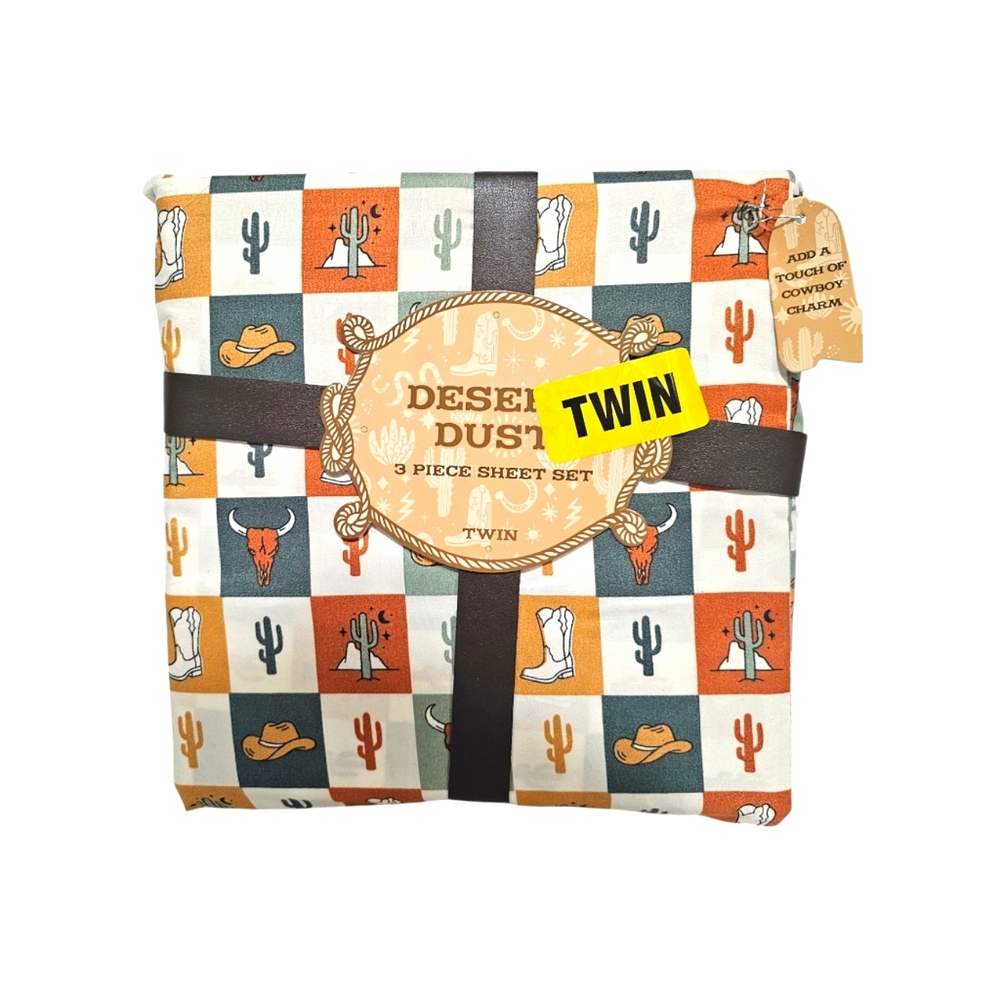 3pc Desert Dust Western Checkerboard Pattern Twin Size Sheet Set New